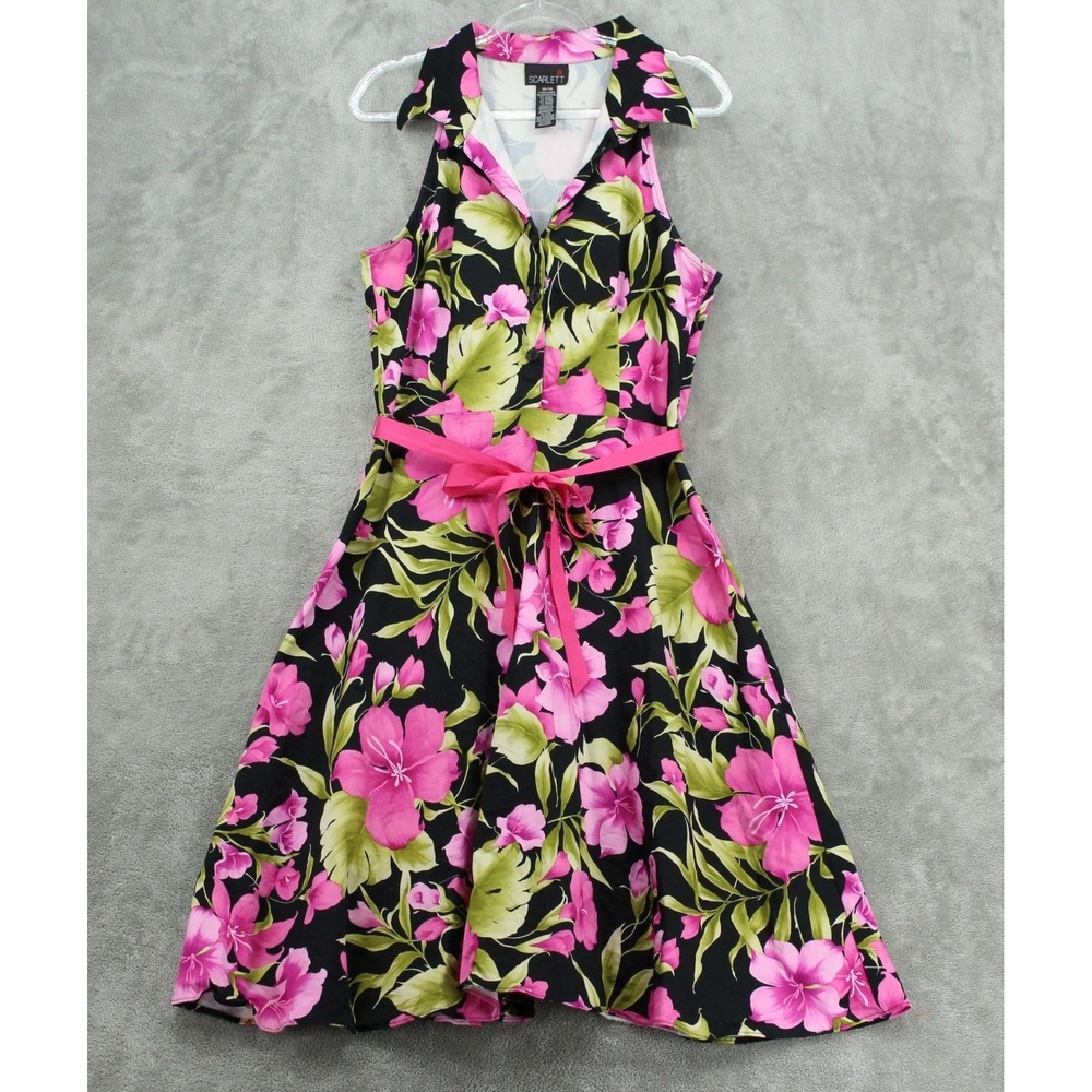 Vintage Scarlett Dress Womens Large Floral Belted Feminine Boho A Line‎ Stretch